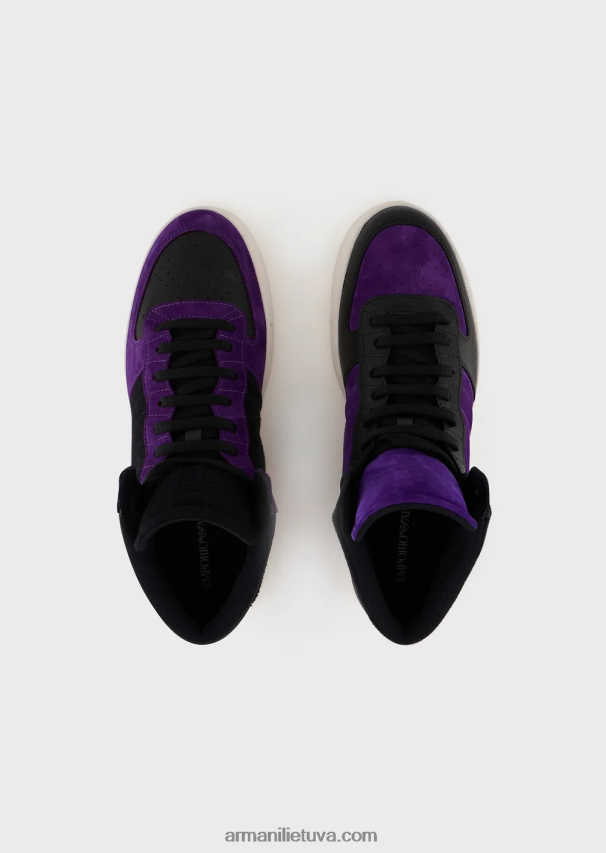 vyrų violetinėperkrauti emporio armani odiniais ir zomšiniais aukštais sportbačiais armani tvarumo vertybės 02482X1896