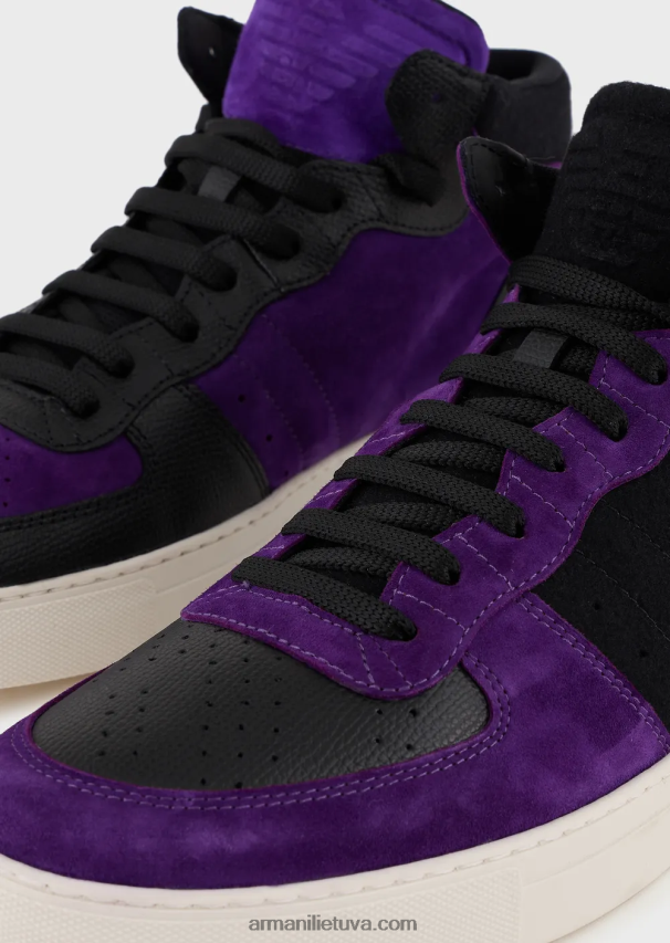 vyrų violetinėperkrauti emporio armani odiniais ir zomšiniais aukštais sportbačiais armani tvarumo vertybės 02482X1896