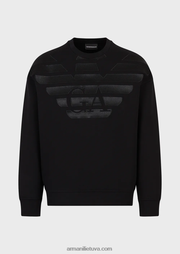 vyrų juodas Armani dvigubo trikotažo megztinis su negabaritiniu logotipo siuvinėjimu 02482X1579