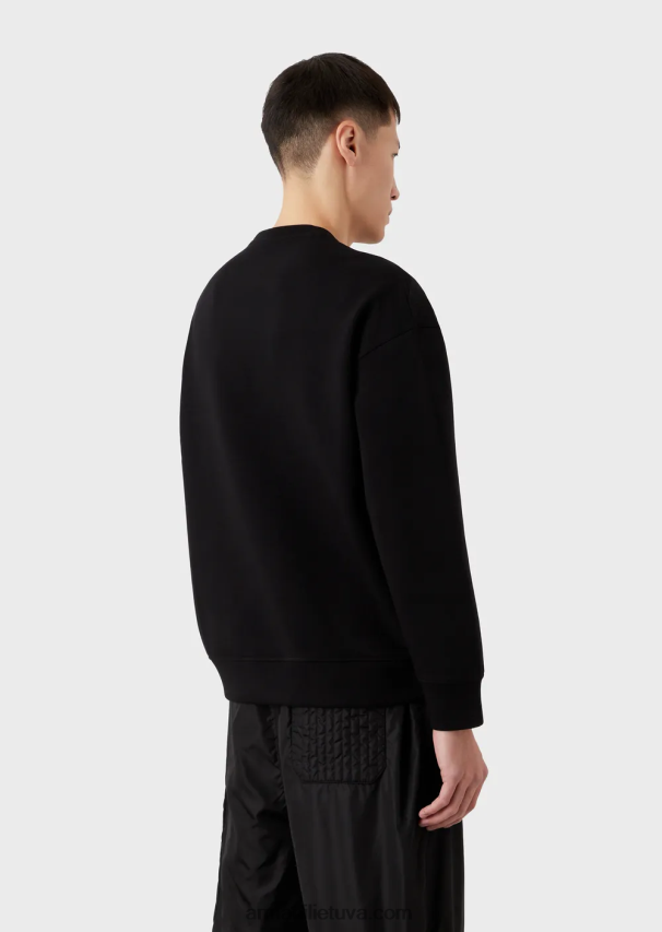 vyrų juodas Armani dvigubo trikotažo megztinis su negabaritiniu logotipo siuvinėjimu 02482X1579