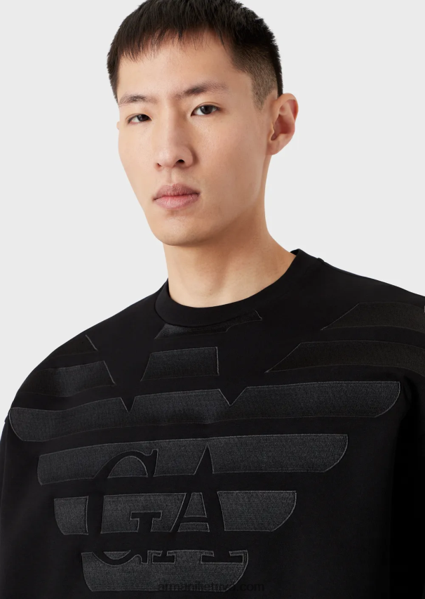 vyrų juodas Armani dvigubo trikotažo megztinis su negabaritiniu logotipo siuvinėjimu 02482X1579