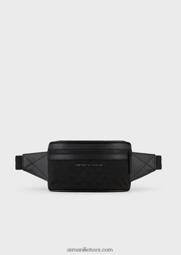 vyrų juodas Armani nailoninis diržinis krepšys su žakardo ereliu 02482X1971