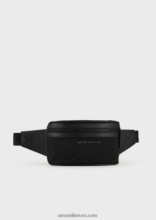 vyrų juodas Armani nailoninis diržinis krepšys su žakardo ereliu 02482X1971