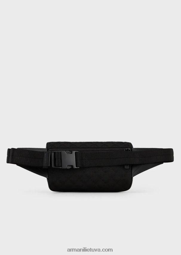 vyrų juodas Armani nailoninis diržinis krepšys su žakardo ereliu 02482X1971