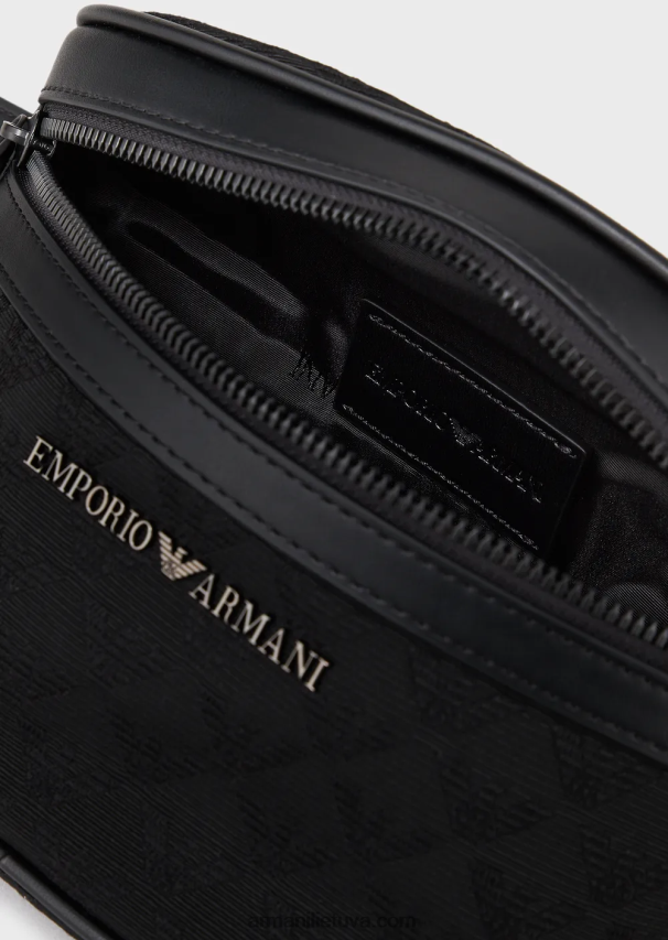 vyrų juodas Armani nailoninis diržinis krepšys su žakardo ereliu 02482X1971