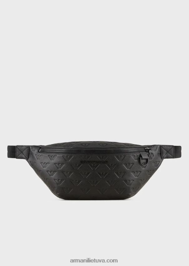 vyrų juodas Armani odinis diržinis krepšys su reljefiniu ereliu 02482X1970