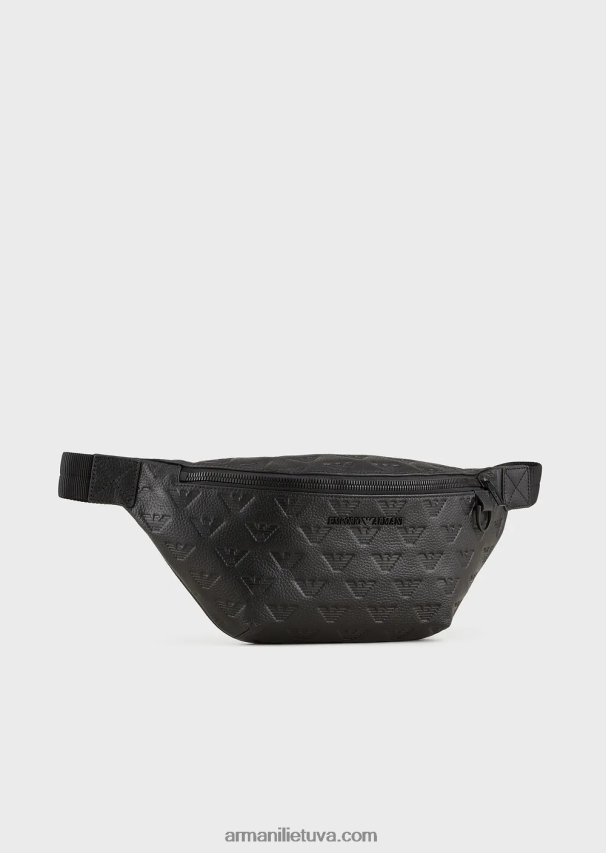 vyrų juodas Armani odinis diržinis krepšys su reljefiniu ereliu 02482X1970