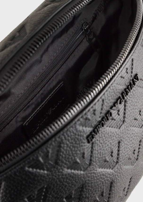 vyrų juodas Armani odinis diržinis krepšys su reljefiniu ereliu 02482X1970