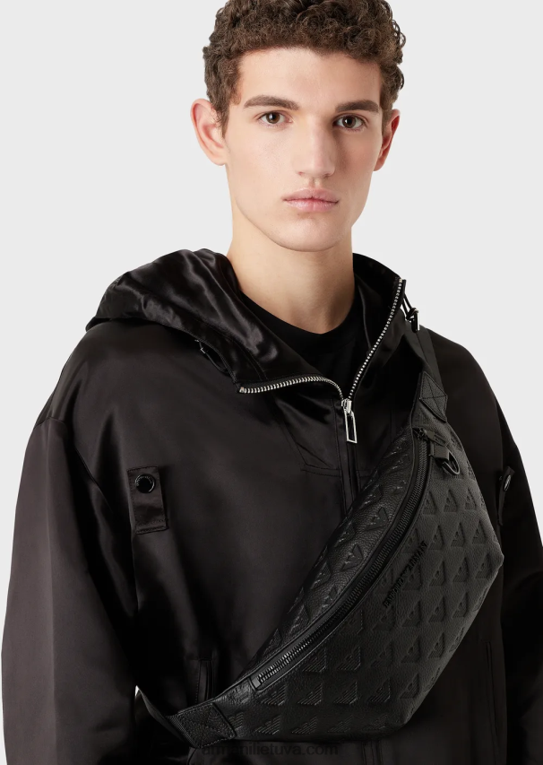 vyrų juodas Armani odinis diržinis krepšys su reljefiniu ereliu 02482X1970