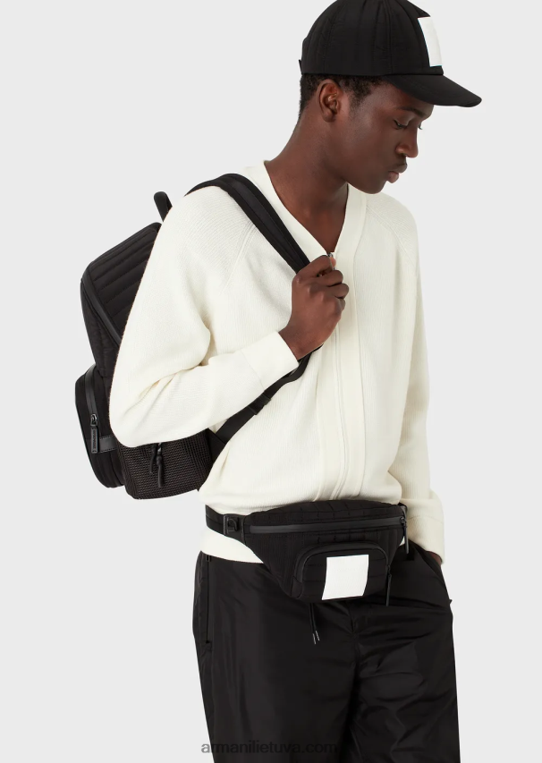 vyrų juodas Armani perdirbtas dygsniuotas ripstop nailono diržinis krepšys 02482X1965
