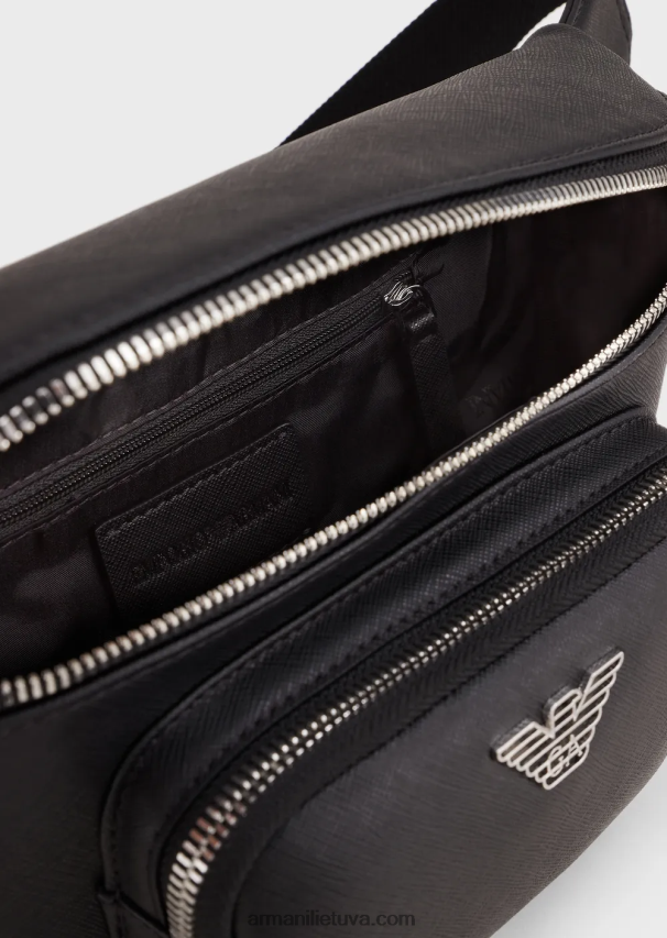 vyrų juodas Armani regeneruotos odos diržo krepšys su erelio paštetu 02482X1966