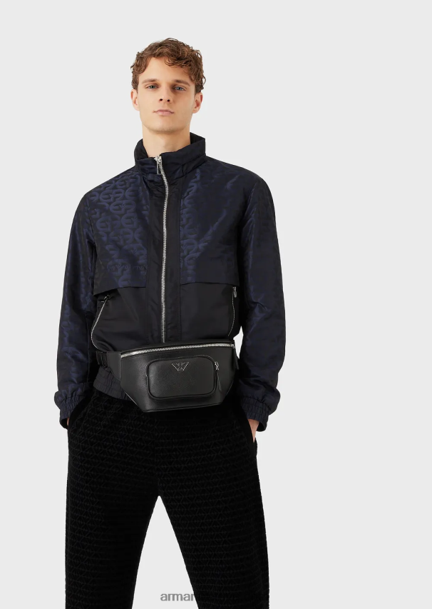 vyrų juodas Armani regeneruotos odos diržo krepšys su erelio paštetu 02482X1966