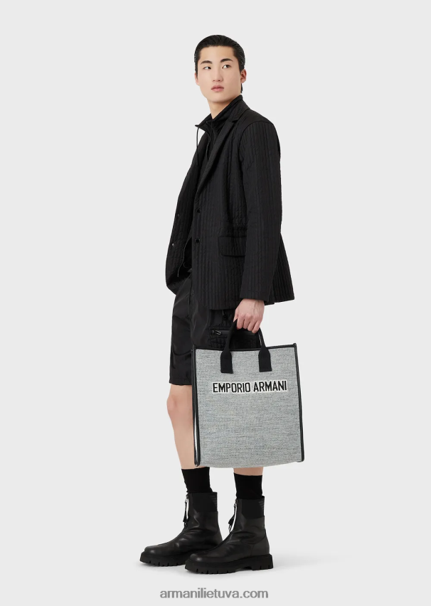 vyrų juodas Armani Melange megztas pirkėjų krepšys su žakardo logotipu 02482X1991