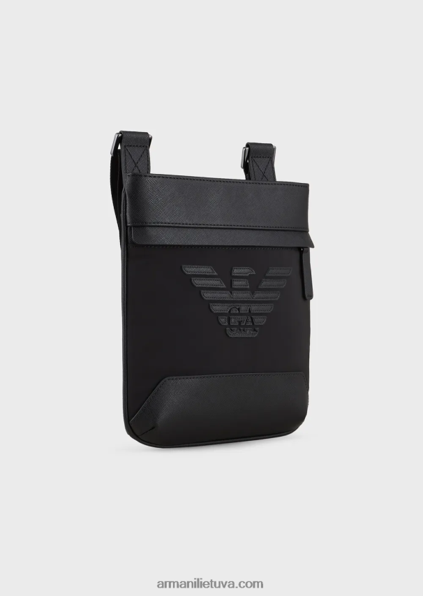 vyrų juodas Armani Saffiano rašto regeneruotos odos krepšys ant pečių 02482X1979
