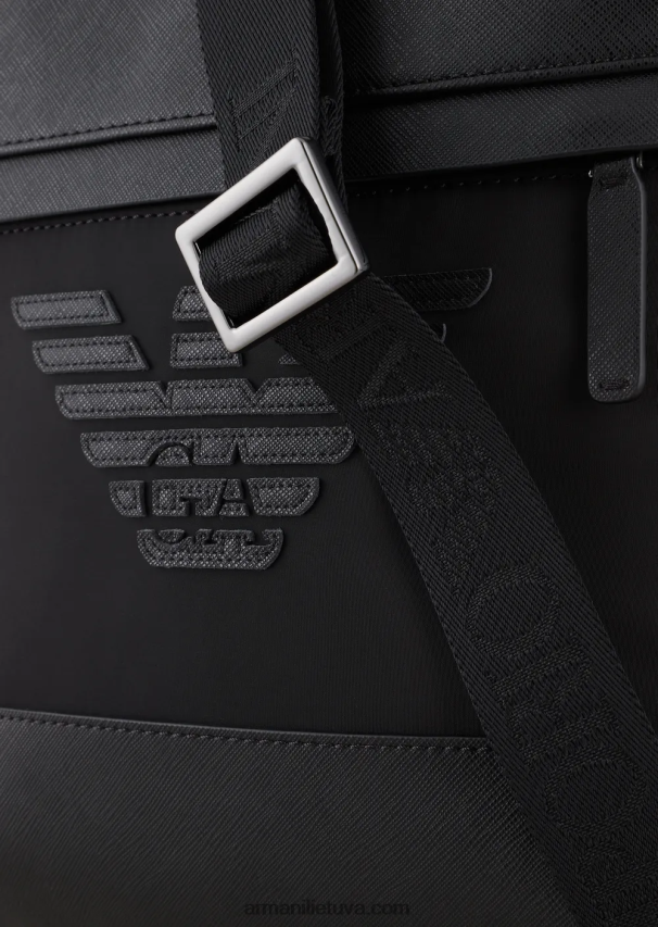 vyrų juodas Armani Saffiano rašto regeneruotos odos krepšys ant pečių 02482X1979