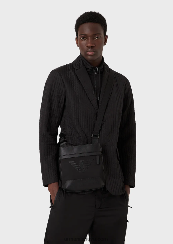 vyrų juodas Armani Saffiano rašto regeneruotos odos krepšys ant pečių 02482X1979