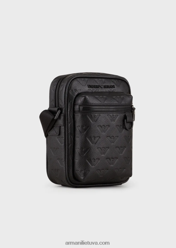 vyrų juodas Armani odinis kryžminis krepšys su reljefiniu ereliu 02482X1977