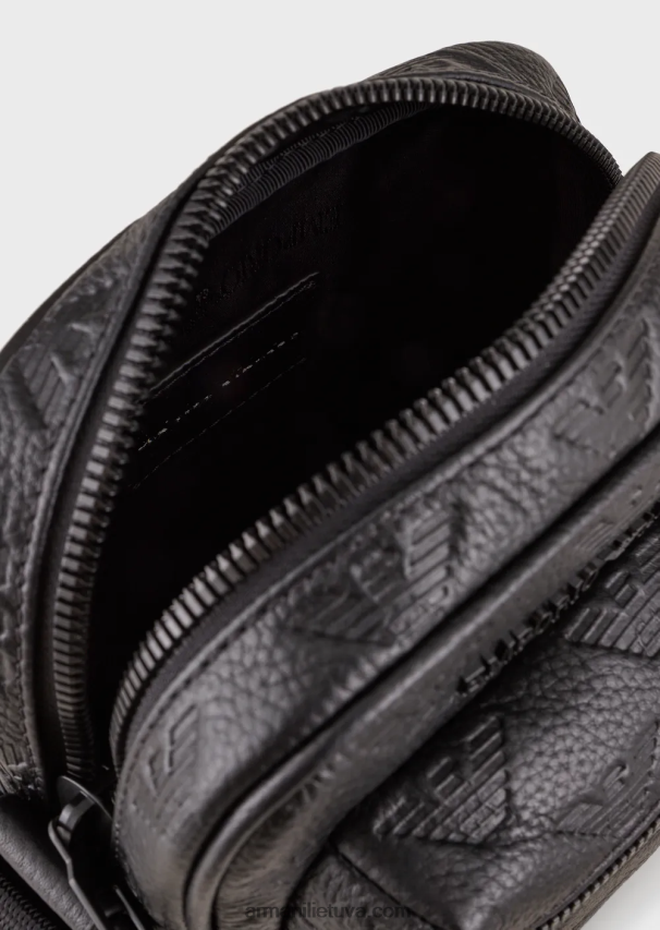 vyrų juodas Armani odinis kryžminis krepšys su reljefiniu ereliu 02482X1977