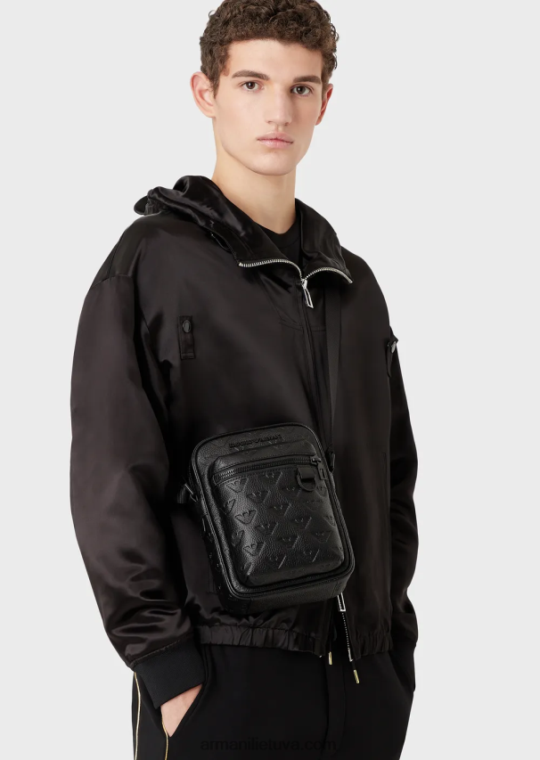 vyrų juodas Armani odinis kryžminis krepšys su reljefiniu ereliu 02482X1977