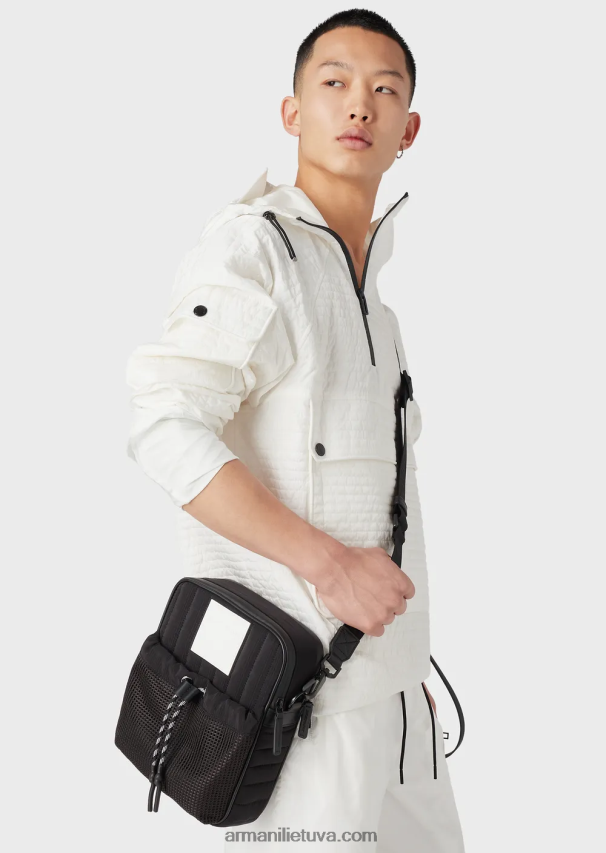 vyrų juodas Armani perdirbtas dygsniuotas ripstop nailono skersinis krepšys 02482X1972