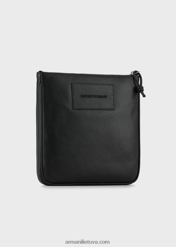 vyrų juodas Armani plokščia odinė pečių krepšys 02482X1985