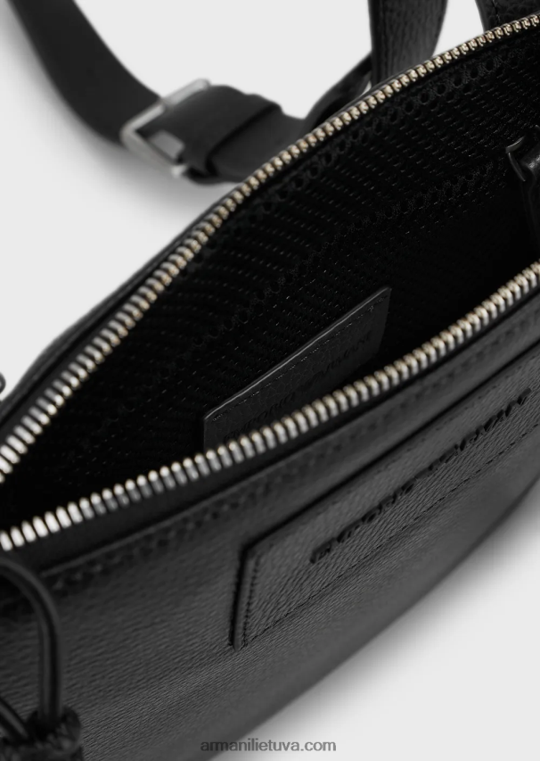 vyrų juodas Armani plokščia odinė pečių krepšys 02482X1985