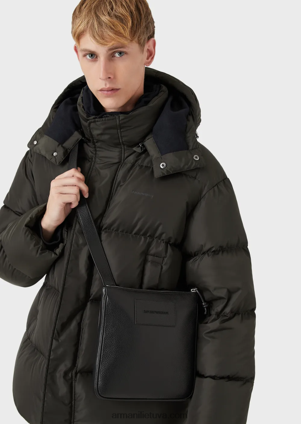 vyrų juodas Armani plokščia odinė pečių krepšys 02482X1985