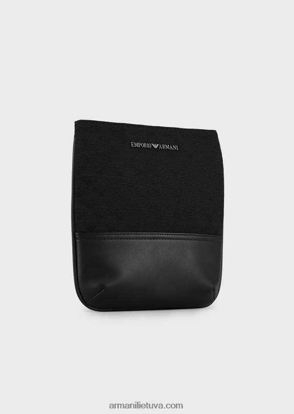 vyrų juodas Armani plokščias nailoninis pečių krepšys su žakardo ereliu 02482X1980