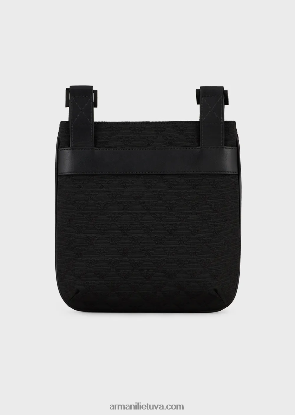 vyrų juodas Armani plokščias nailoninis pečių krepšys su žakardo ereliu 02482X1980