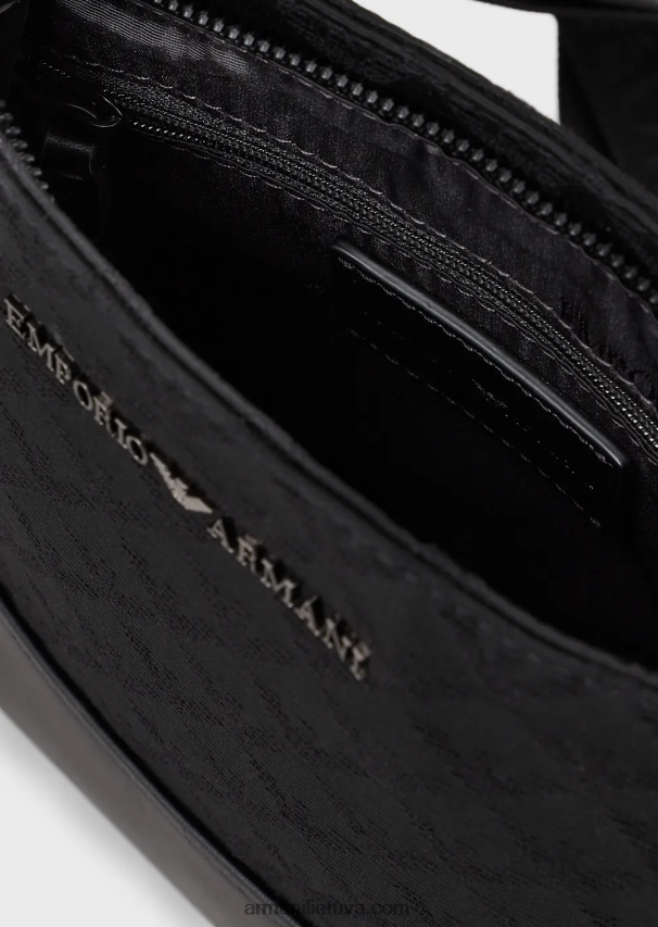 vyrų juodas Armani plokščias nailoninis pečių krepšys su žakardo ereliu 02482X1980