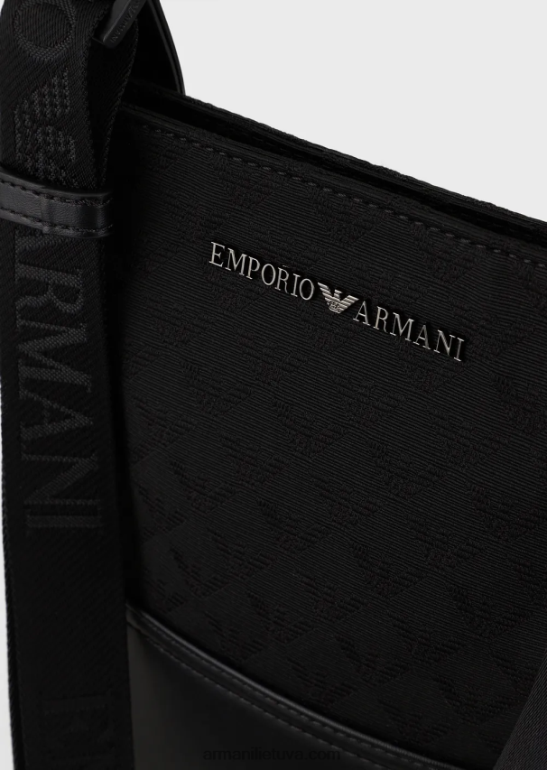 vyrų juodas Armani plokščias nailoninis pečių krepšys su žakardo ereliu 02482X1980