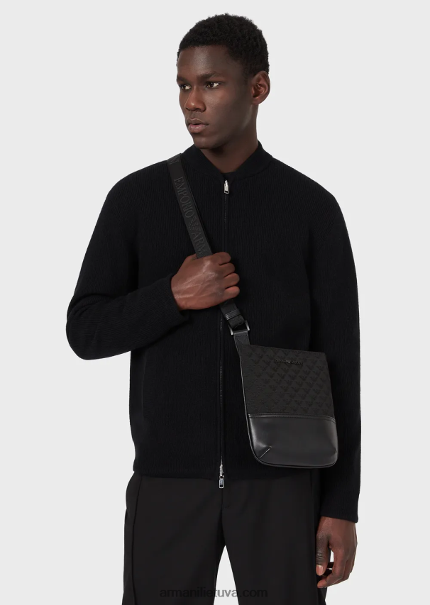 vyrų juodas Armani plokščias nailoninis pečių krepšys su žakardo ereliu 02482X1980