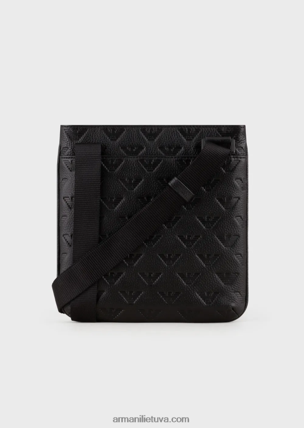 vyrų juodas Armani plokščias odinis pečių krepšys su reljefiniu ereliu 02482X1976