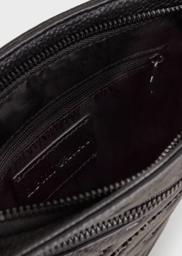 vyrų juodas Armani plokščias odinis pečių krepšys su reljefiniu ereliu 02482X1976