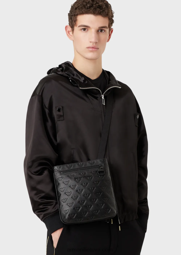 vyrų juodas Armani plokščias odinis pečių krepšys su reljefiniu ereliu 02482X1976