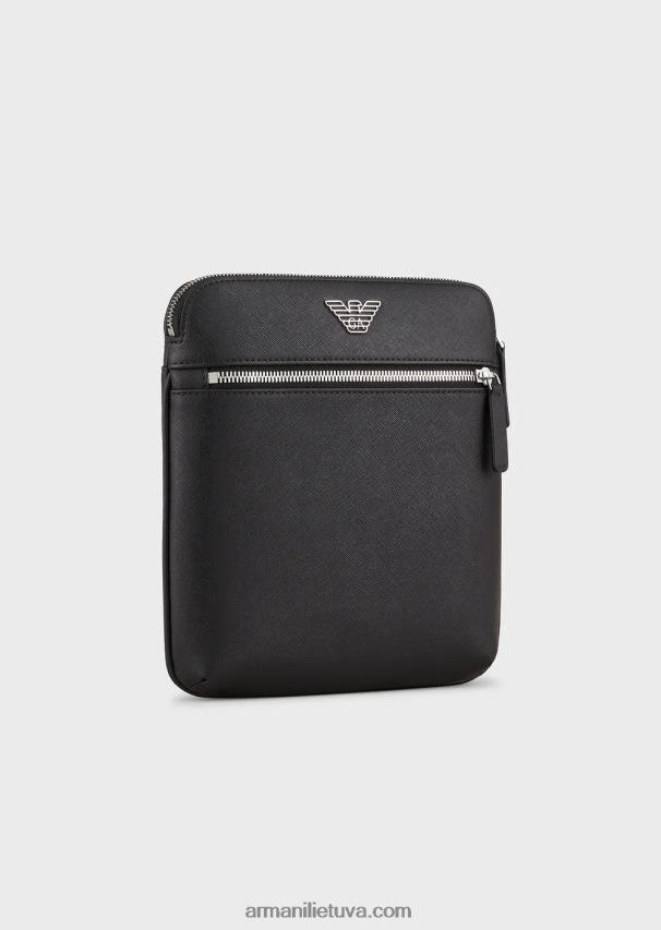 vyrų juodas Armani regeneruotos odos pečių krepšys su erelio paštetu 02482X1974