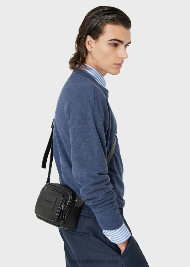 vyrų juodas Armani susuktas odinis fotoaparato dėklas su petnešėlėmis 02482X1984