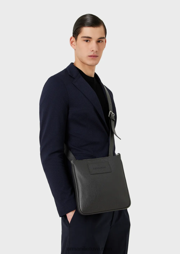 vyrų tamsiai pilka Armani plokščia odinė pečių krepšys 02482X1986