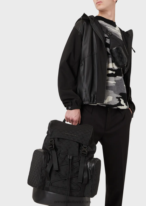 vyrų juodas Armani nailoninė žygio kuprinė su žakardo ereliu 02482X1958