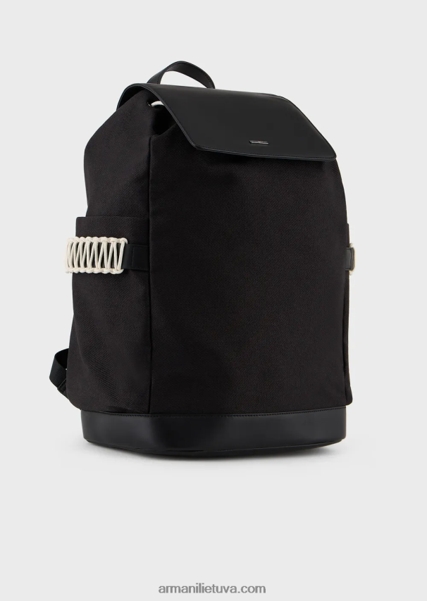 vyrų juodas Armani perdirbtos ruoželinės kuprinės su odinėmis detalėmis 02482X1946