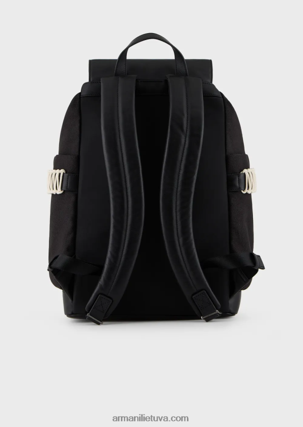 vyrų juodas Armani perdirbtos ruoželinės kuprinės su odinėmis detalėmis 02482X1946