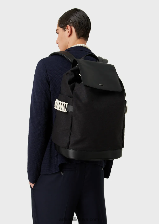 vyrų juodas Armani perdirbtos ruoželinės kuprinės su odinėmis detalėmis 02482X1946