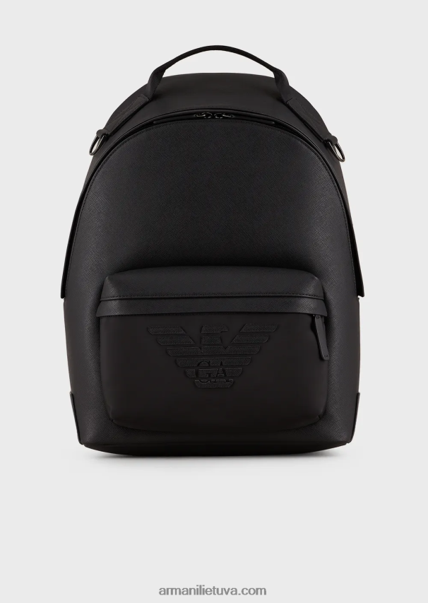 vyrų juodas Armani saffiano raštu regeneruotos odos apvali kuprinė 02482X1949