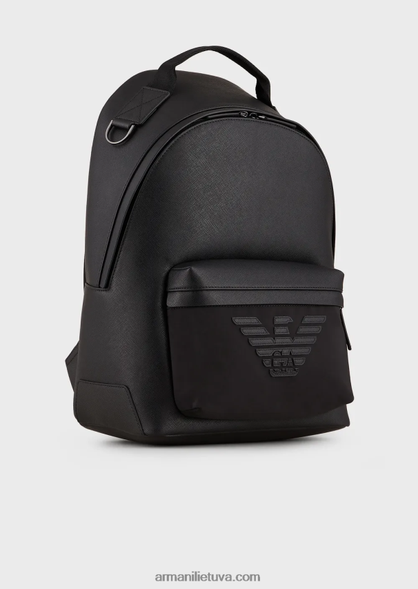 vyrų juodas Armani saffiano raštu regeneruotos odos apvali kuprinė 02482X1949