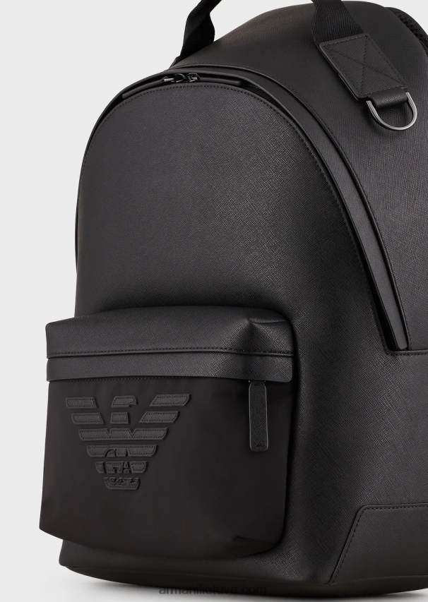 vyrų juodas Armani saffiano raštu regeneruotos odos apvali kuprinė 02482X1949