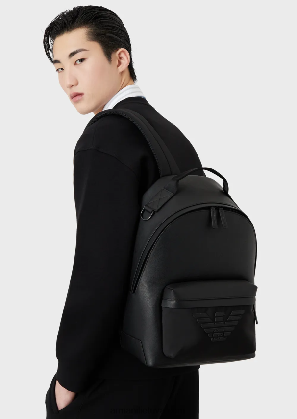 vyrų juodas Armani saffiano raštu regeneruotos odos apvali kuprinė 02482X1949