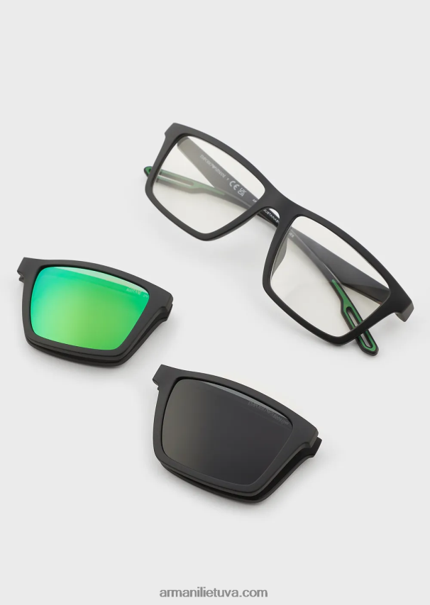 vyrų juodas Armani stačiakampiai saulės akiniai su keičiamais lęšiais 02482X2363