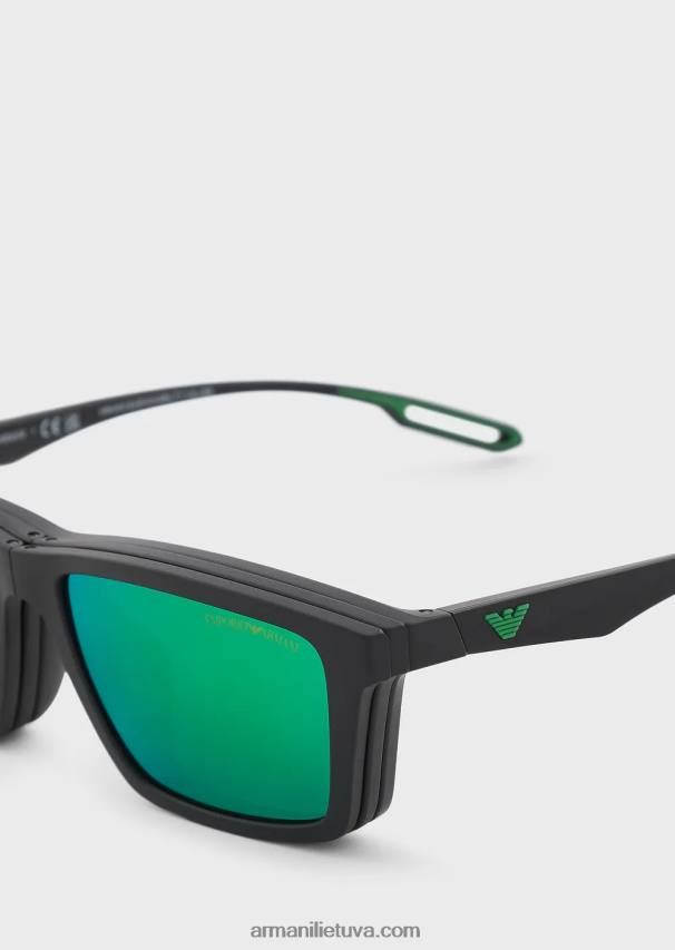 vyrų juodas Armani stačiakampiai saulės akiniai su keičiamais lęšiais 02482X2363