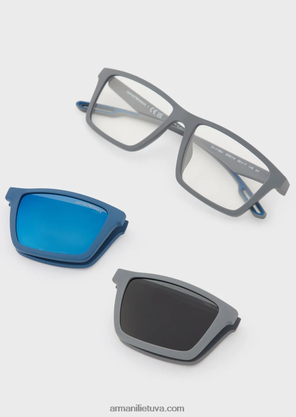 vyrų pilka Armani stačiakampiai saulės akiniai su keičiamais lęšiais 02482X2355