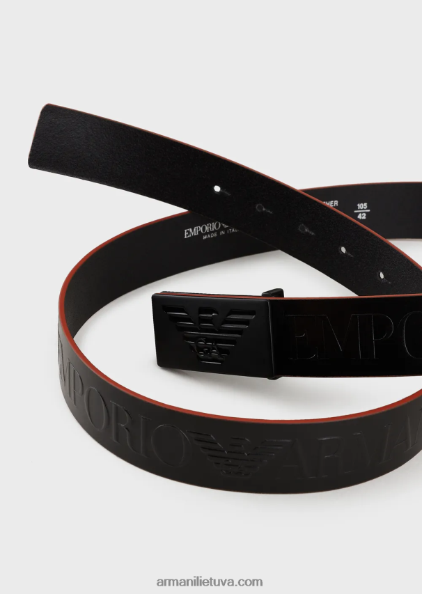 vyrų giliai juoda Armani odinis diržas su įspaustomis oversized raidėmis 02482X1996